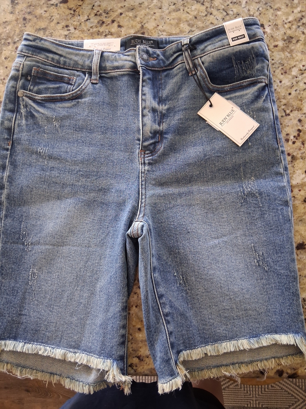 Judy Blue Medium Wash Denim Frayed Hem Bermuda Shorts